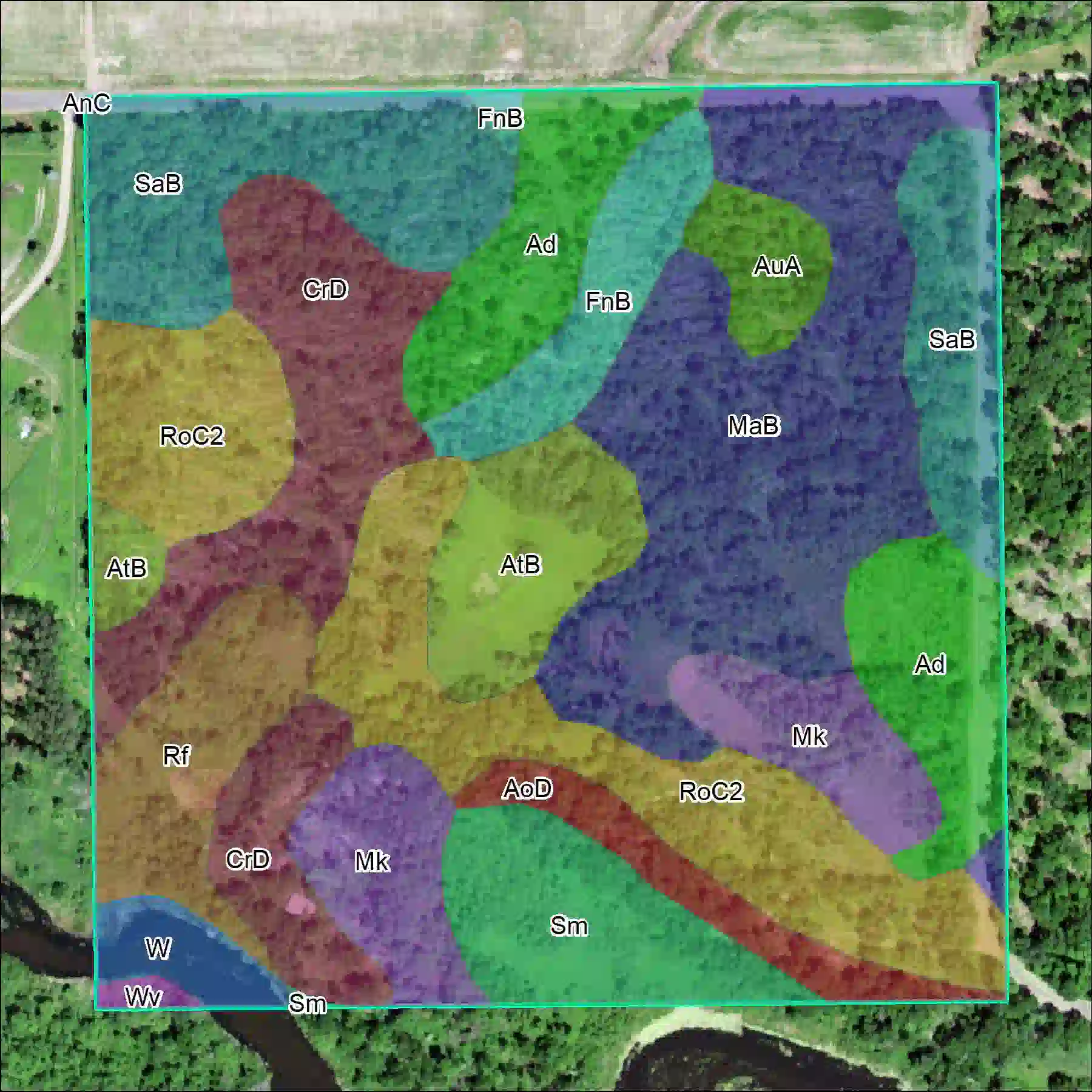 Soils polygons acquired from the Web Soil Survey symbolized with each polygon having a different color and labeled with their map unit key.