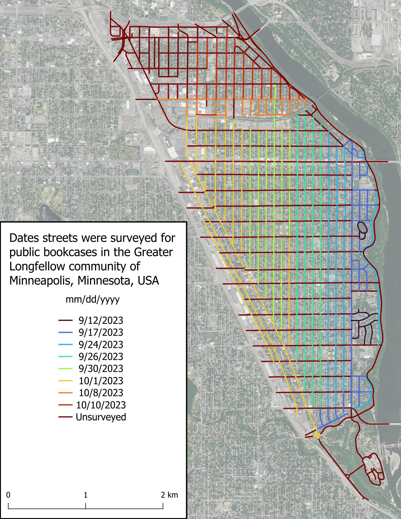 Figure displaying dates roads were surveyed in the scope area. Roads are colored based on date, with the earliest date, 2023-09-12, in very dark blue and grading to red for unsurveyed roads.