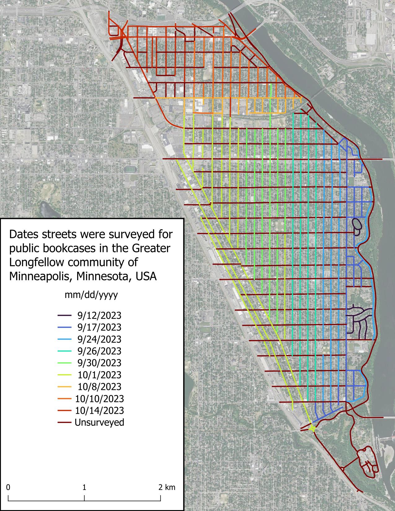 Figure displaying dates roads were surveyed in the scope area. Roads are colored based on date, with the earliest date, 2023-09-12, in very dark blue and grading to red for unsurveyed roads.