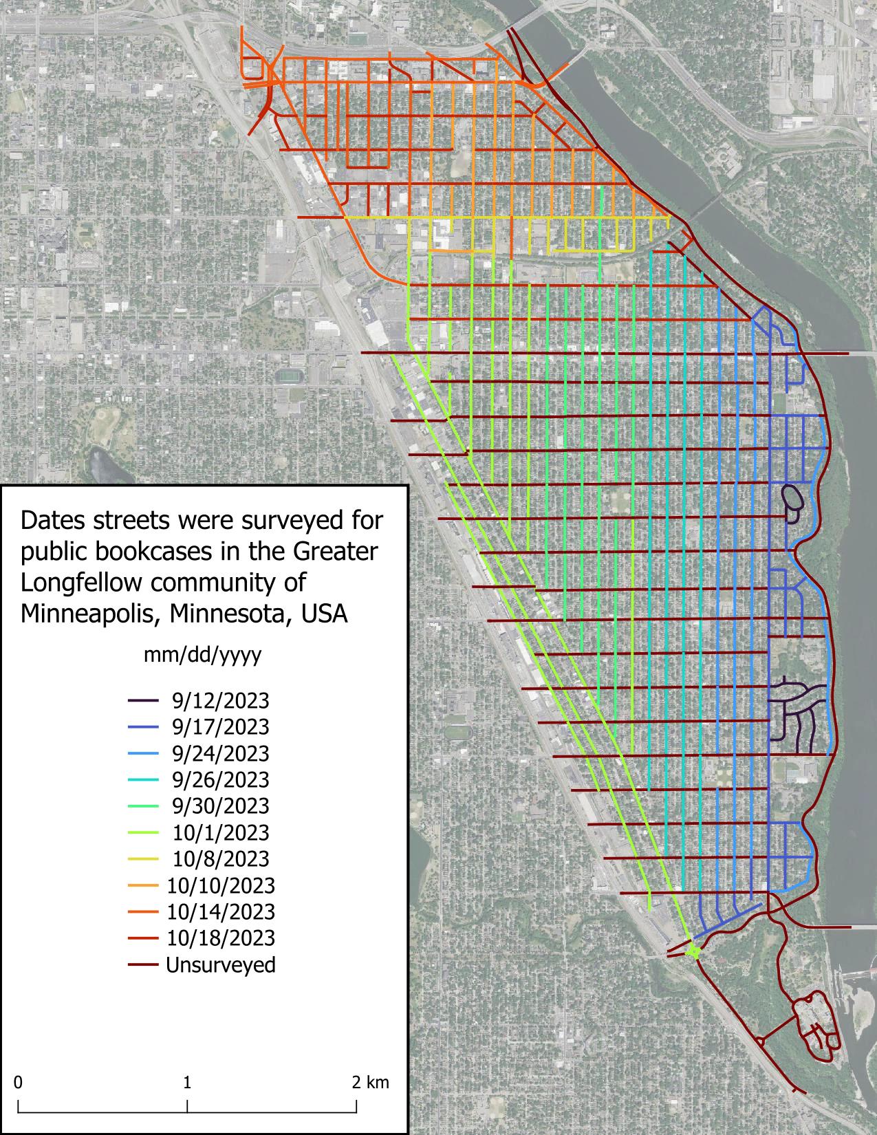 Figure displaying dates roads were surveyed in the scope area. Roads are colored based on date, with the earliest date, 2023-09-12, in very dark blue and grading to red for unsurveyed roads.