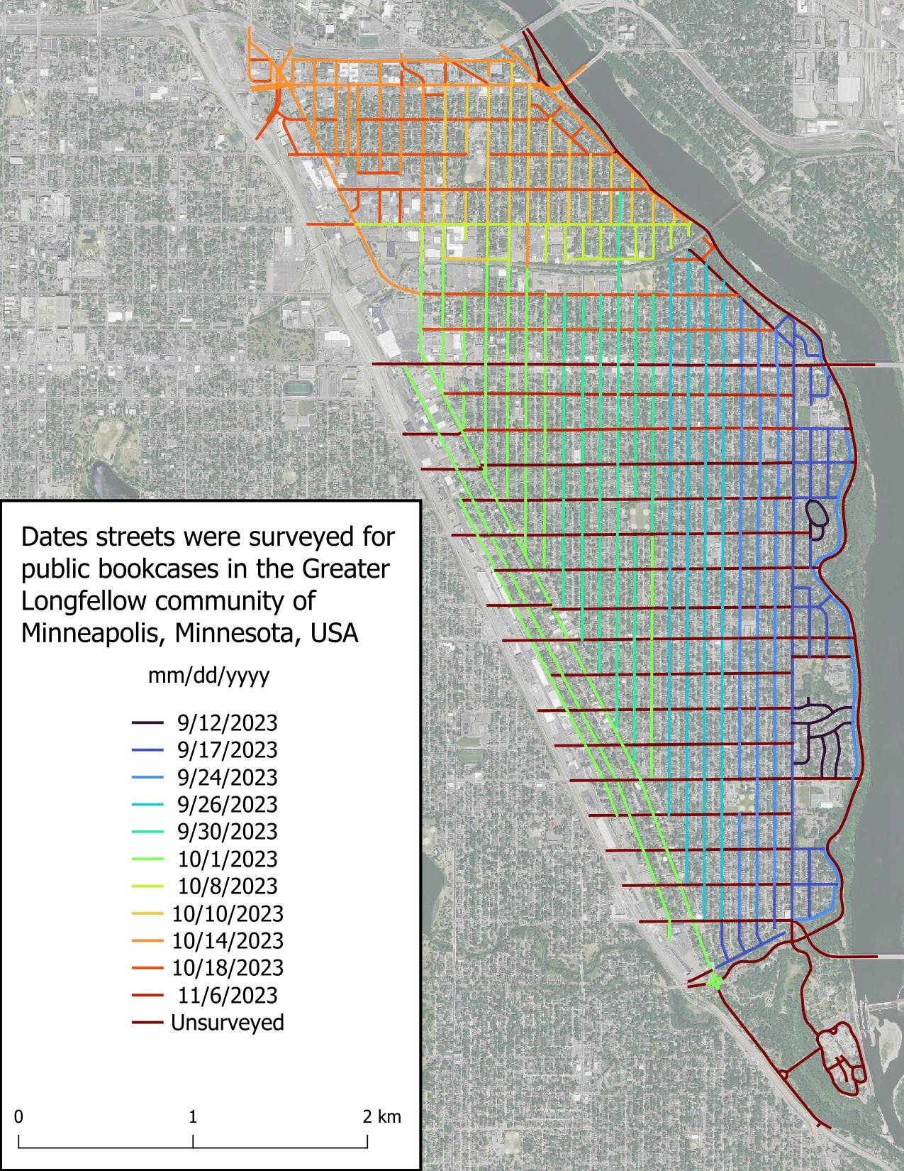 Figure displaying dates roads were surveyed in the scope area. Roads are colored based on date, with the earliest date, 2023-09-12, in very dark blue and grading to red for unsurveyed roads.